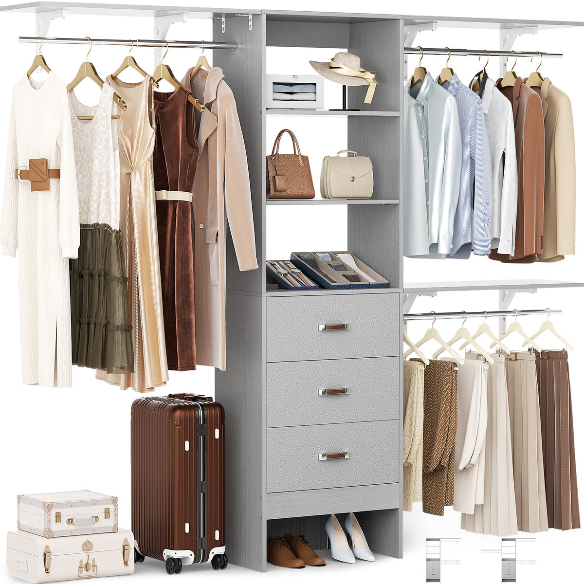 Closet System with Drawer - 8FT Wood Closet Organizer System with 3 Hanging Rods and Shelving Tower, 96" Walk In Closet Organizer Wardrobe, Heavy Duty Garment Rack Clothes Rack