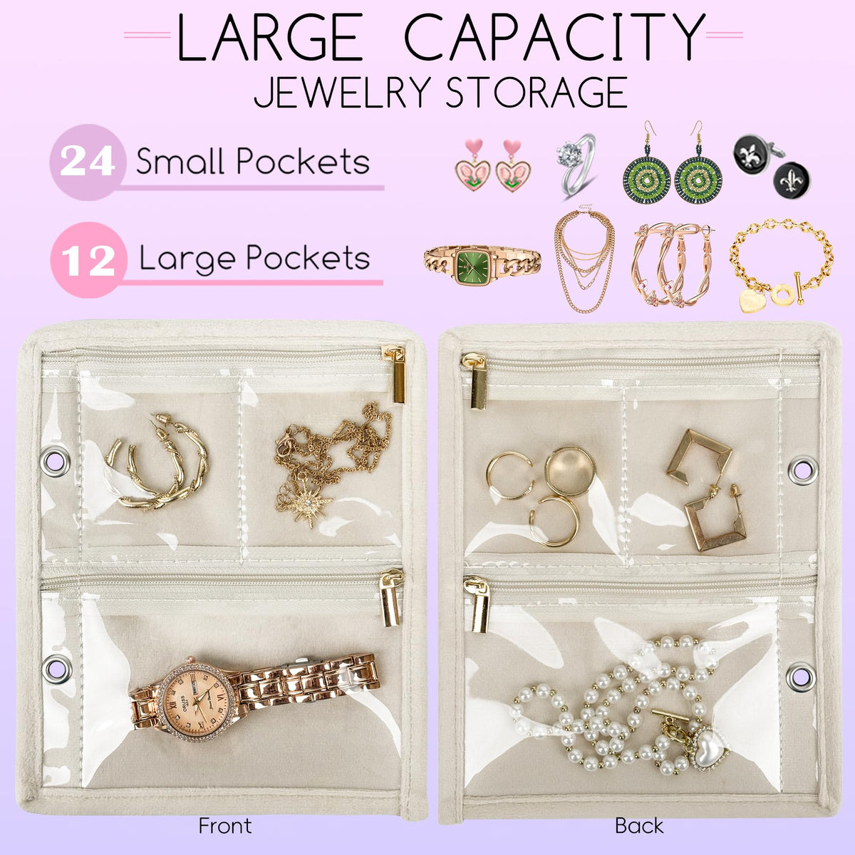 LingLingo Travel Jewelry Organizer Case,Small Jewelry Bags Jewelry Storage Book Binder with Clear Zipper Velvet Pouch for Traveling,Earrings, Rings, Necklace, Bracelet
