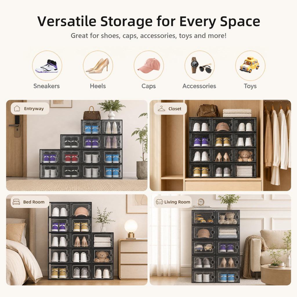 Kuject X-Large Clear Stackable Shoe Storage Boxes, 12-Pack