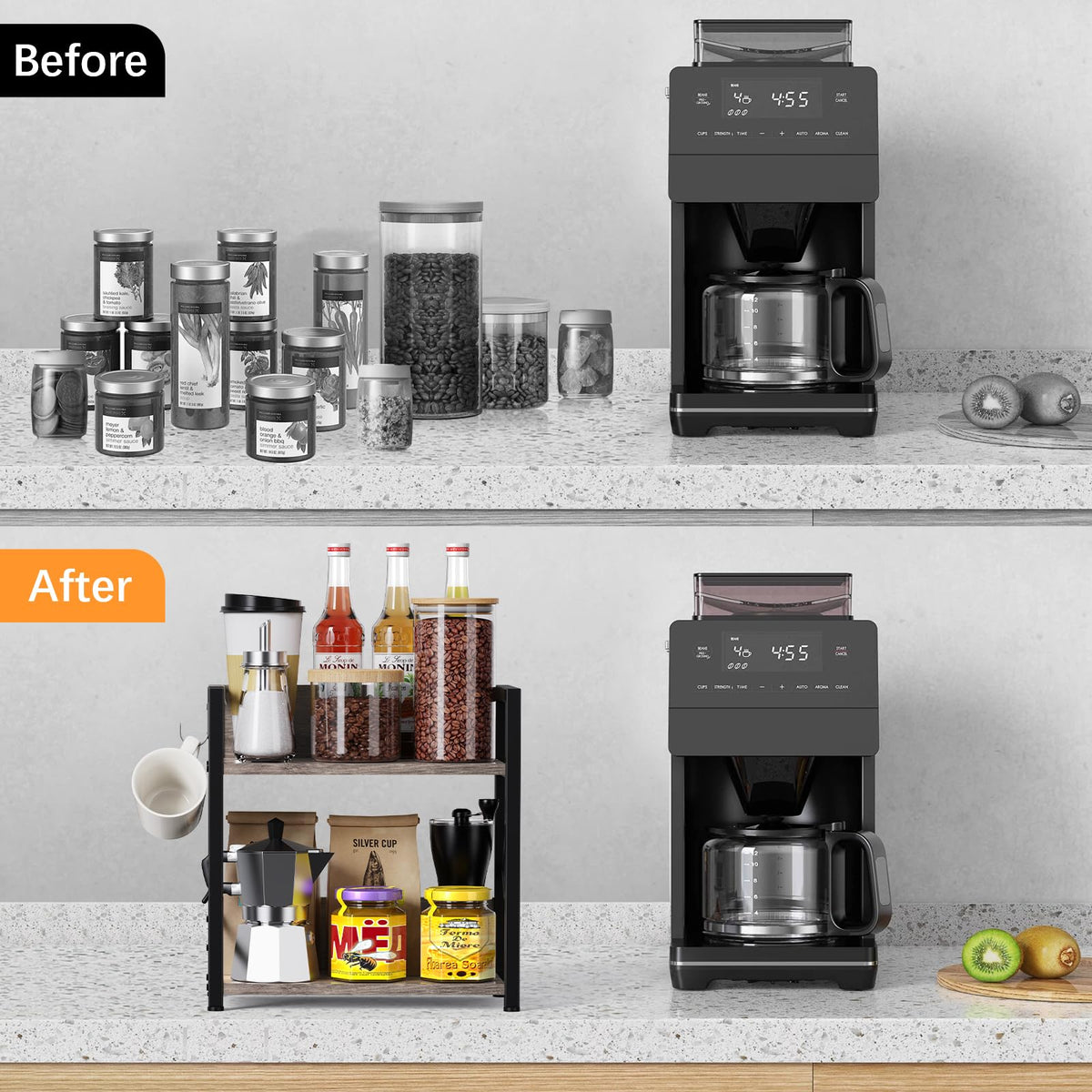 RUILALIFE Kitchen-Counter-Shelf-Organizer,2 Tier Coffee Bar Station Organizer for Countertop,Wooden Spice Rack Shelf, Space Saving Desk Shelving Riser Unit