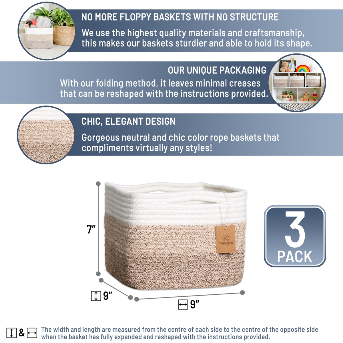 NaturalCozy 9-Inch Cube Storage Baskets, 3-Pack