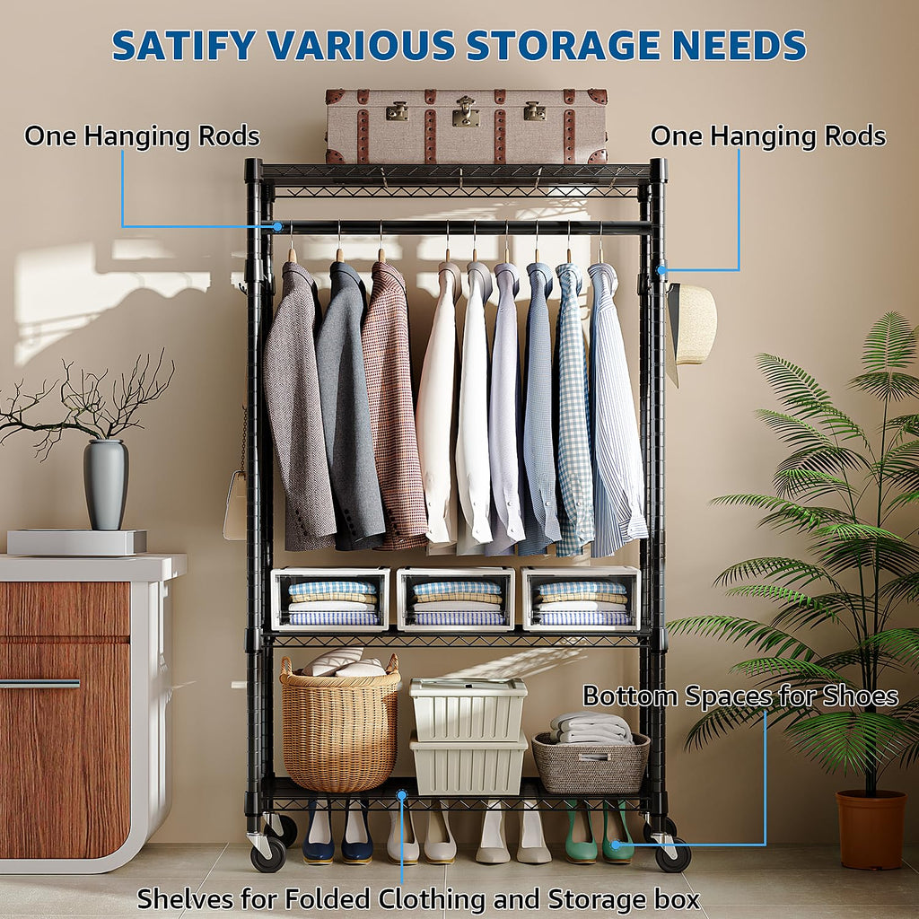 M MZG 3-Tier Rolling Garment Rack with Shelves, 2-Pack