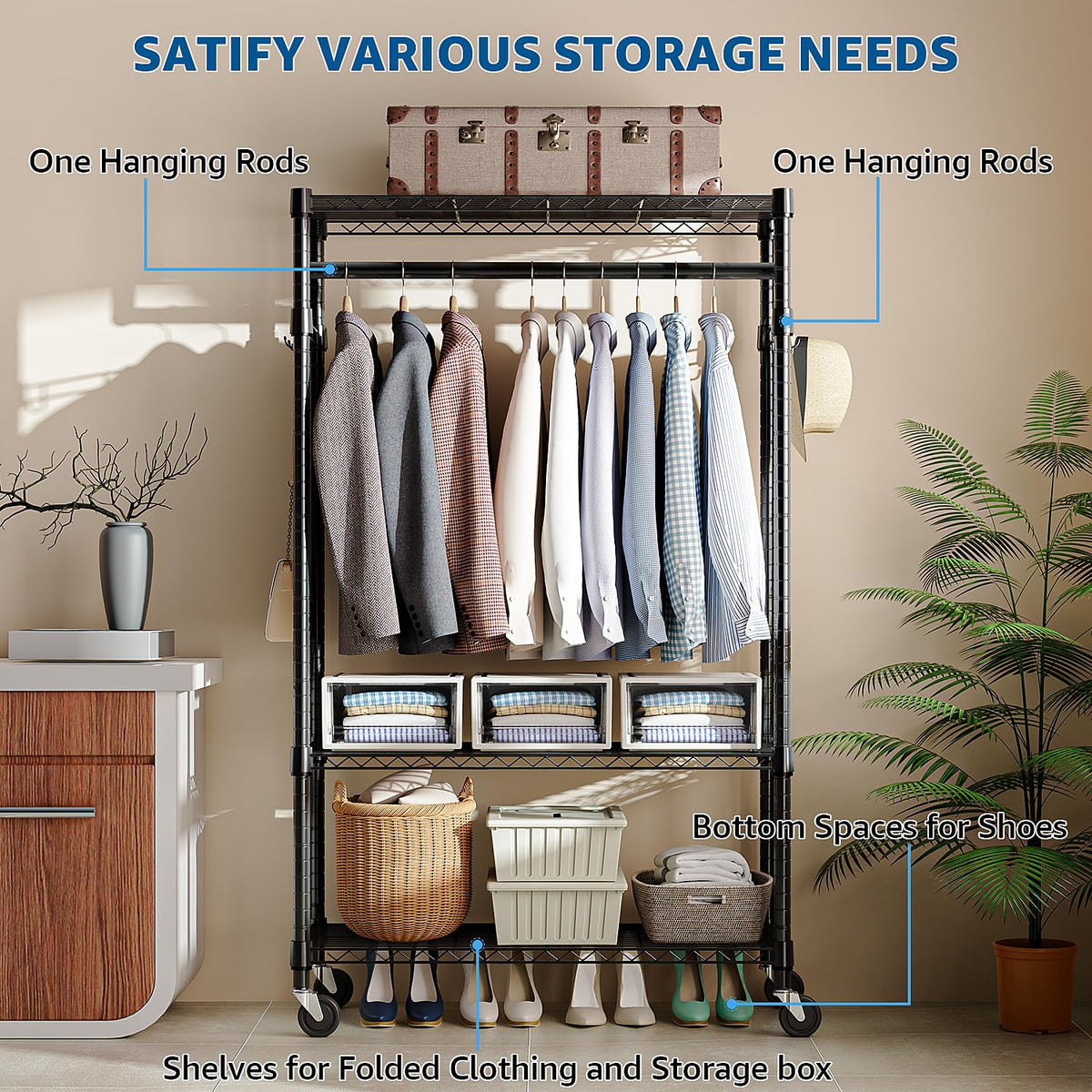 M MZG 3-Tier Rolling Garment Rack with Shelves, 2-Pack