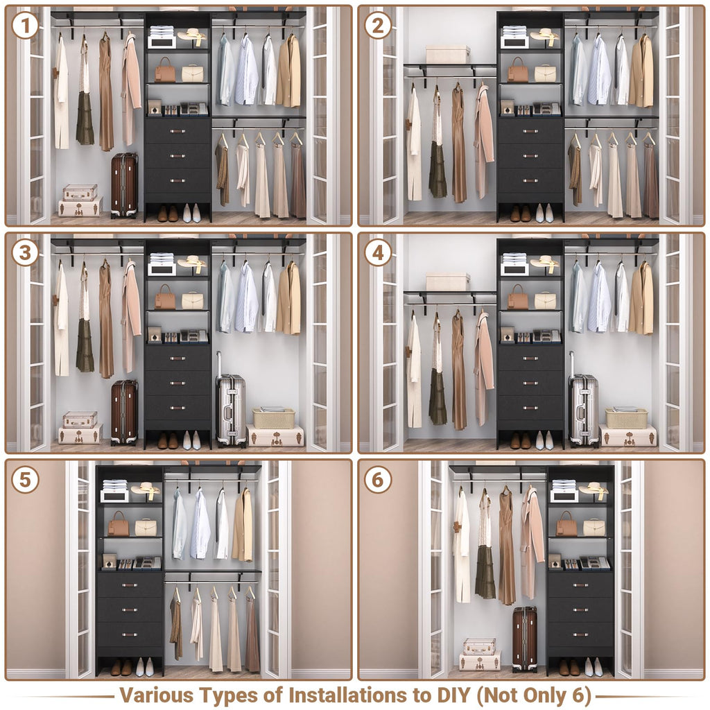8FT Wood Closet Organizer System with Drawer & 3 Hanging Rods