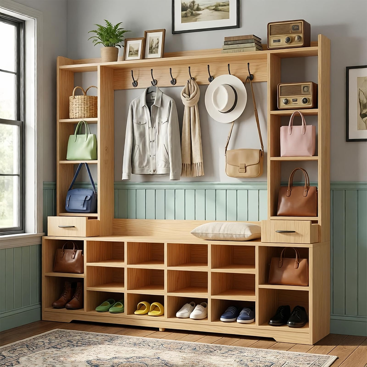 LHIUGE 6-in-1 Hall Tree with Bench & Shoe Storage Cabinet