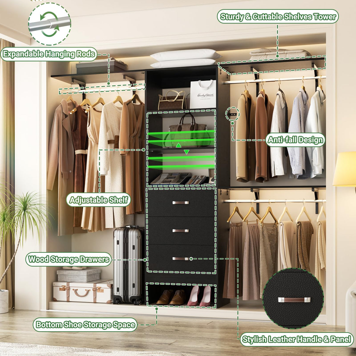 Closet System with Drawer - 8FT Wood Closet Organizer System with 3 Hanging Rods and Shelving Tower, 96" Walk In Closet Organizer Wardrobe, Heavy Duty Garment Rack Clothes Rack