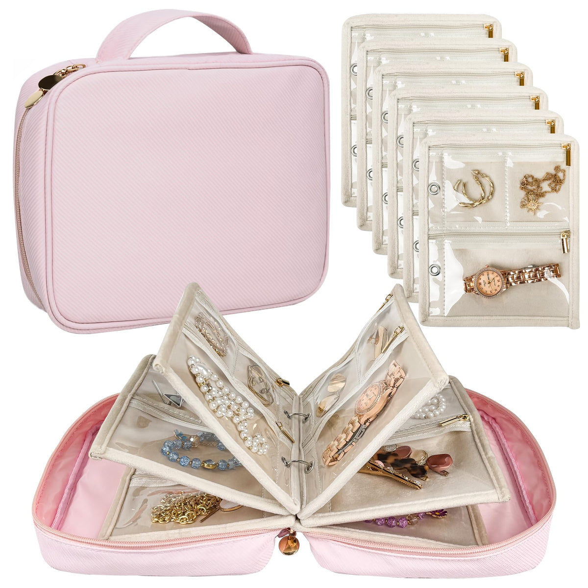 LingLingo Travel Jewelry Organizer Case,Small Jewelry Bags Jewelry Storage Book Binder with Clear Zipper Velvet Pouch for Traveling,Earrings, Rings, Necklace, Bracelet