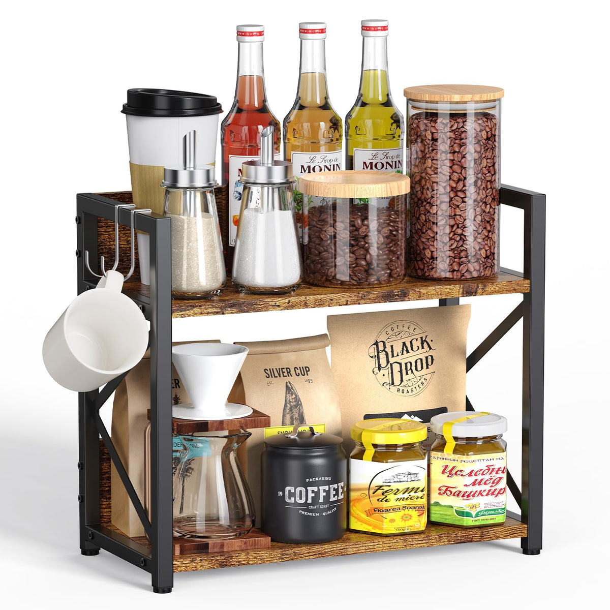 RUILALIFE Kitchen-Counter-Shelf-Organizer,2 Tier Coffee Bar Station Organizer for Countertop,Wooden Spice Rack Shelf, Space Saving Desk Shelving Riser Unit