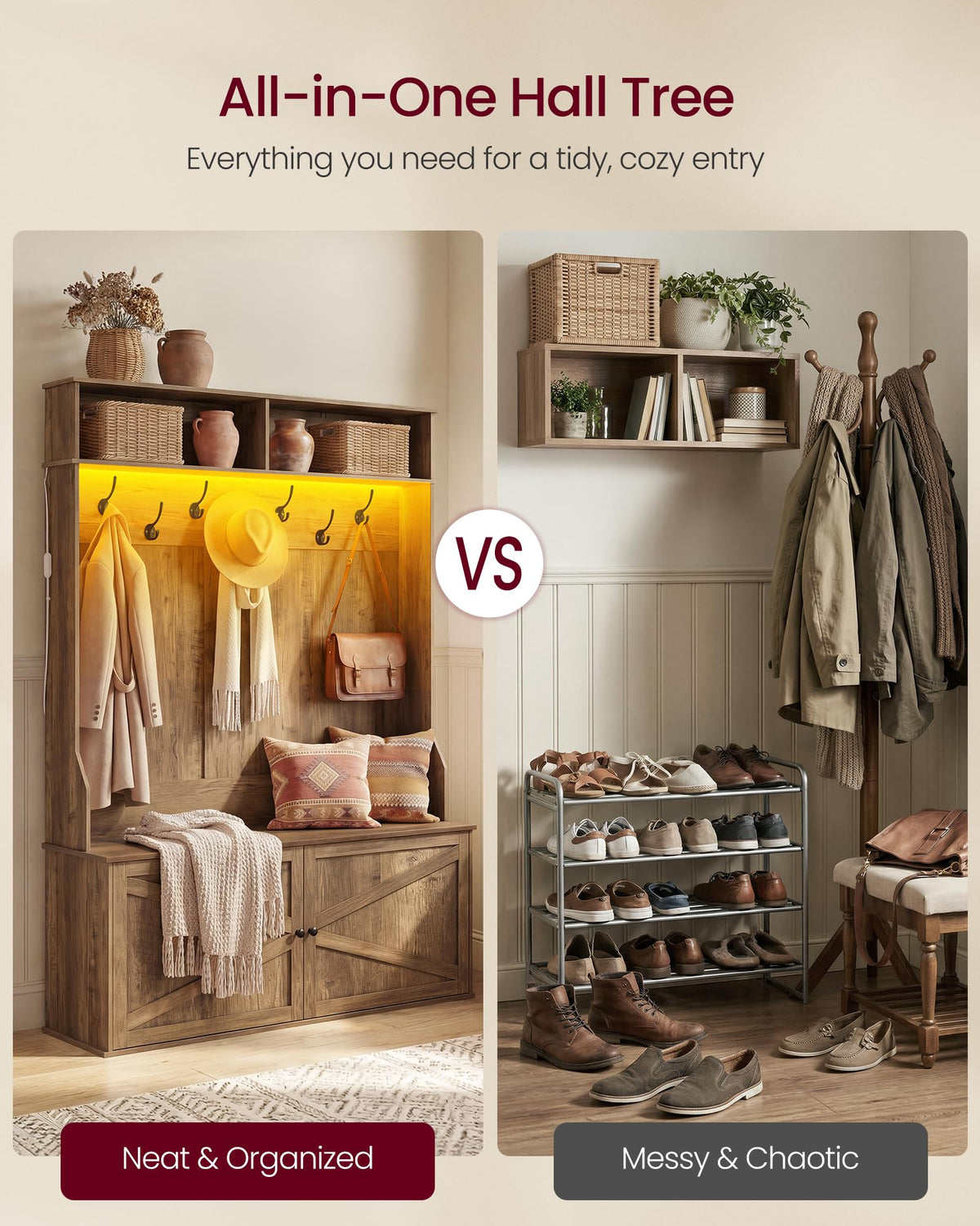 VASAGLE Hall Tree with Coat Rack & Shoe Storage