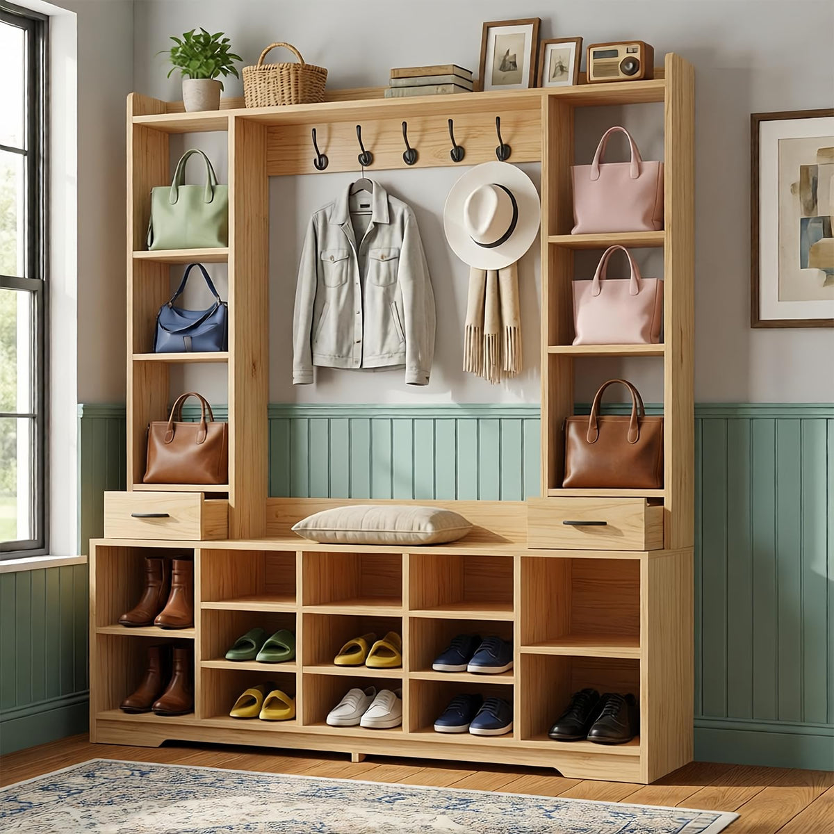 LHIUGE 6-in-1 Hall Tree with Bench & Shoe Storage Cabinet