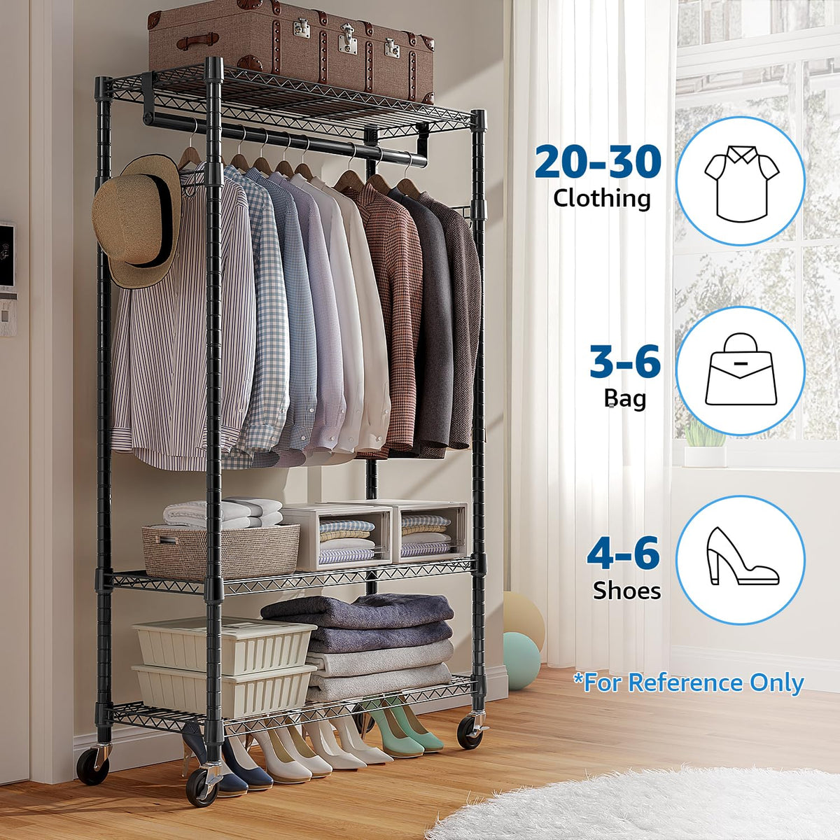 M MZG 3-Tier Rolling Garment Rack with Shelves, 2-Pack