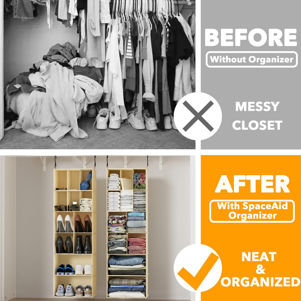 SpaceAid 2 Pack 6 Shelf Hanging Closet Organizers and Storage with Dividers, Hanging Shelves for Wardrobe
