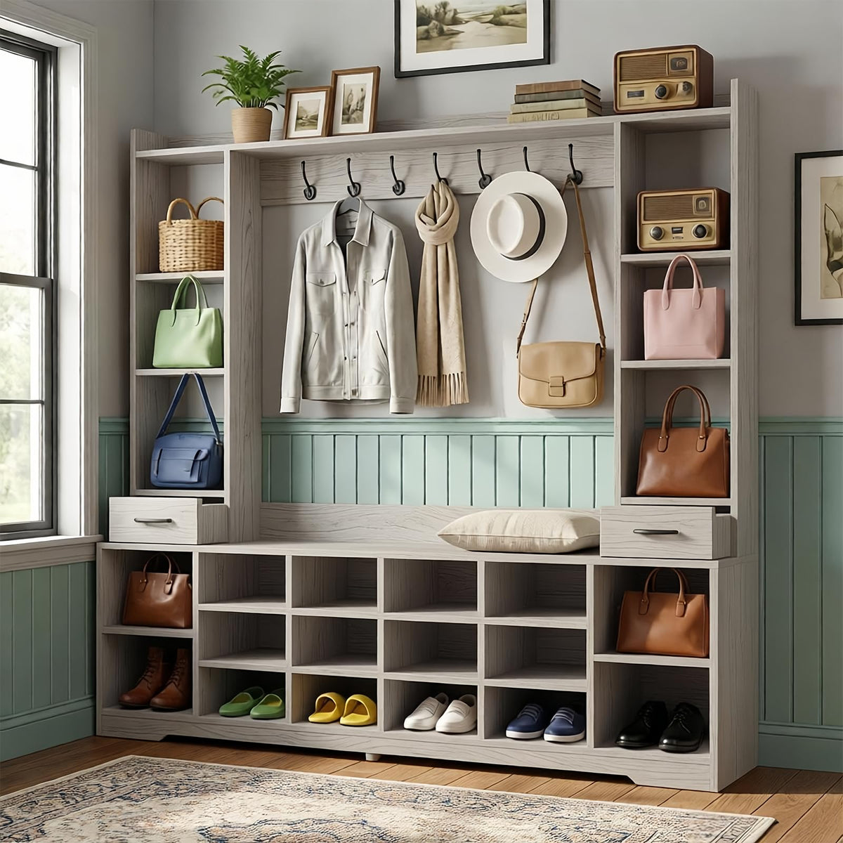 LHIUGE 6-in-1 Hall Tree with Bench & Shoe Storage Cabinet