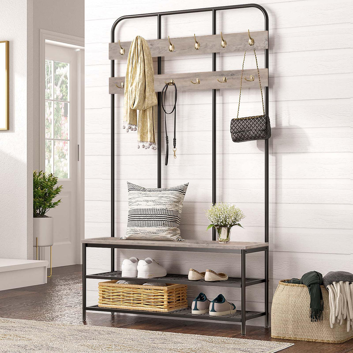 HOOBRO Hall Tree with Bench, Coat Rack & Shoe Storage