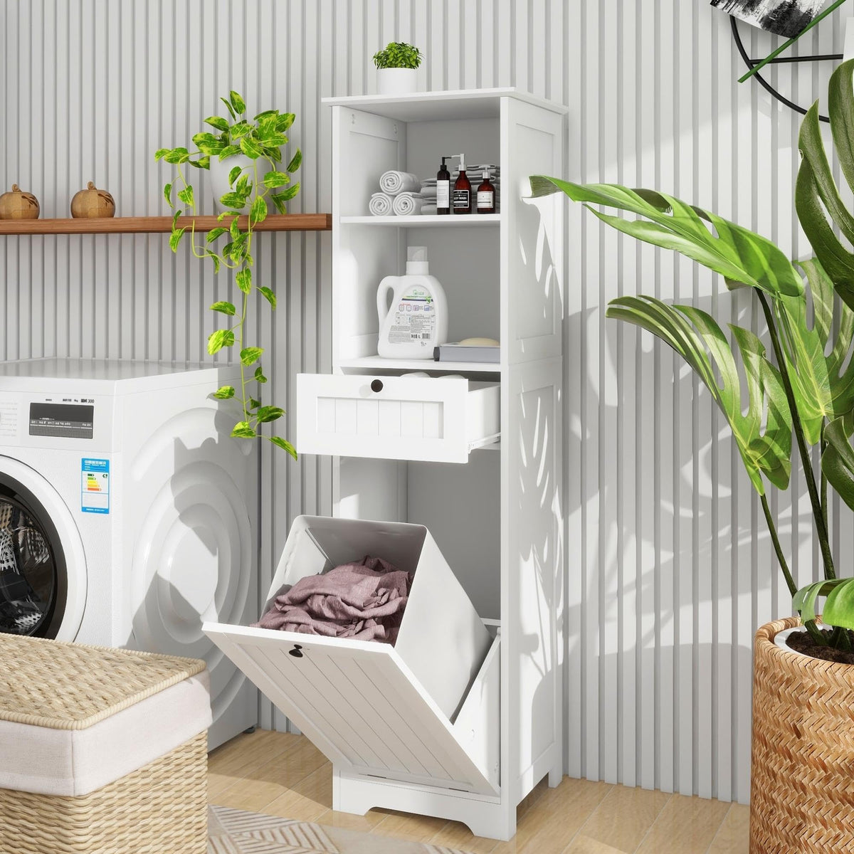 OQSC Double Tilt-Out Laundry Hamper Cabinet with Storage