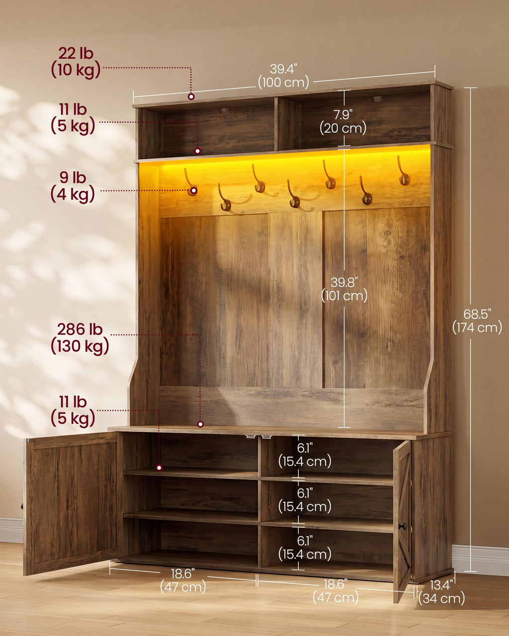 VASAGLE Hall Tree with Coat Rack & Shoe Storage