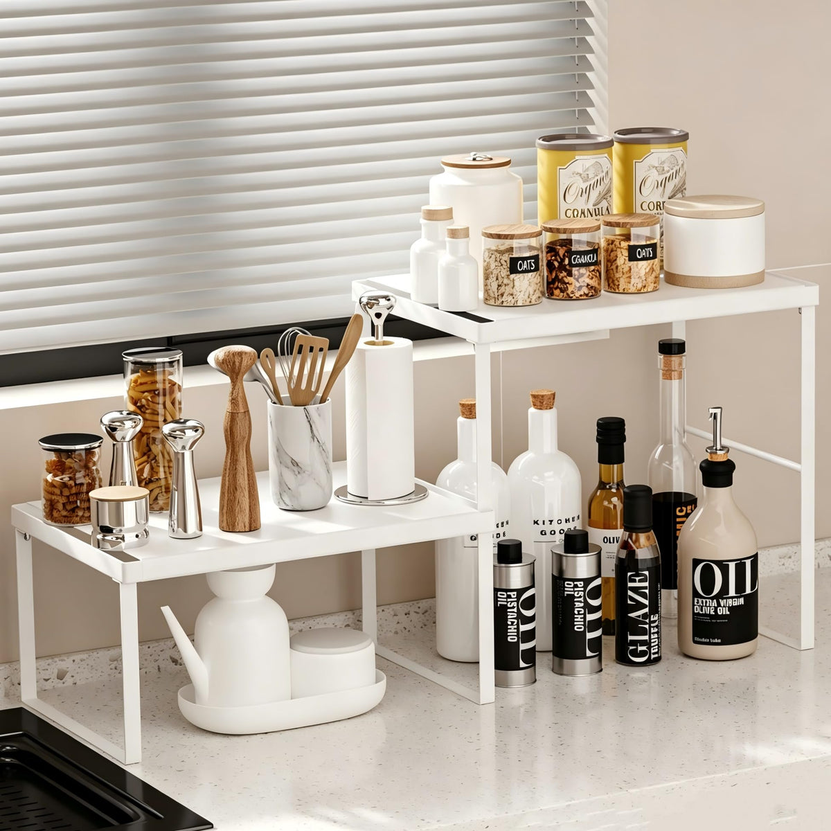 Magheo Spice Rack Organizer for Cabinet/Countertop, Stackable Kitchen Cabinet Shelf Riser, Pantry Organizers and Storage, Heavy Duty Counter Shelves for Seasonings,Bowls,Coffee Makers