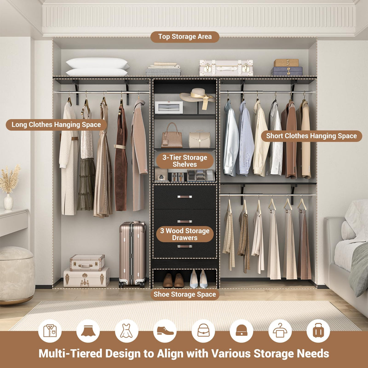 8FT Wood Closet Organizer System with Drawer & 3 Hanging Rods