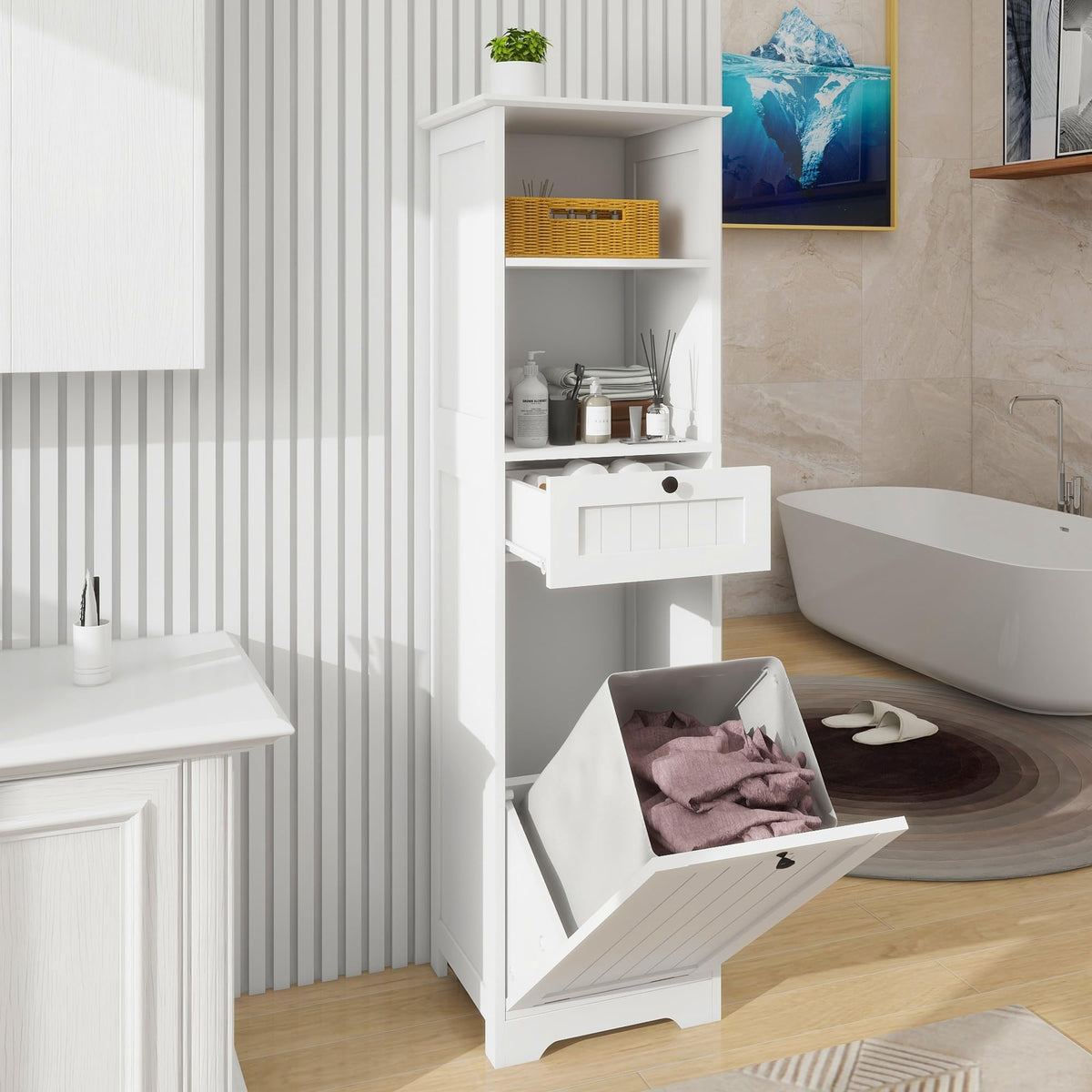 OQSC Double Tilt-Out Laundry Hamper Cabinet with Storage