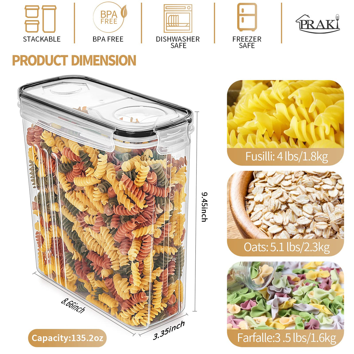 PRAKI Cereal Containers Storage Set (4L,135.2 Oz)