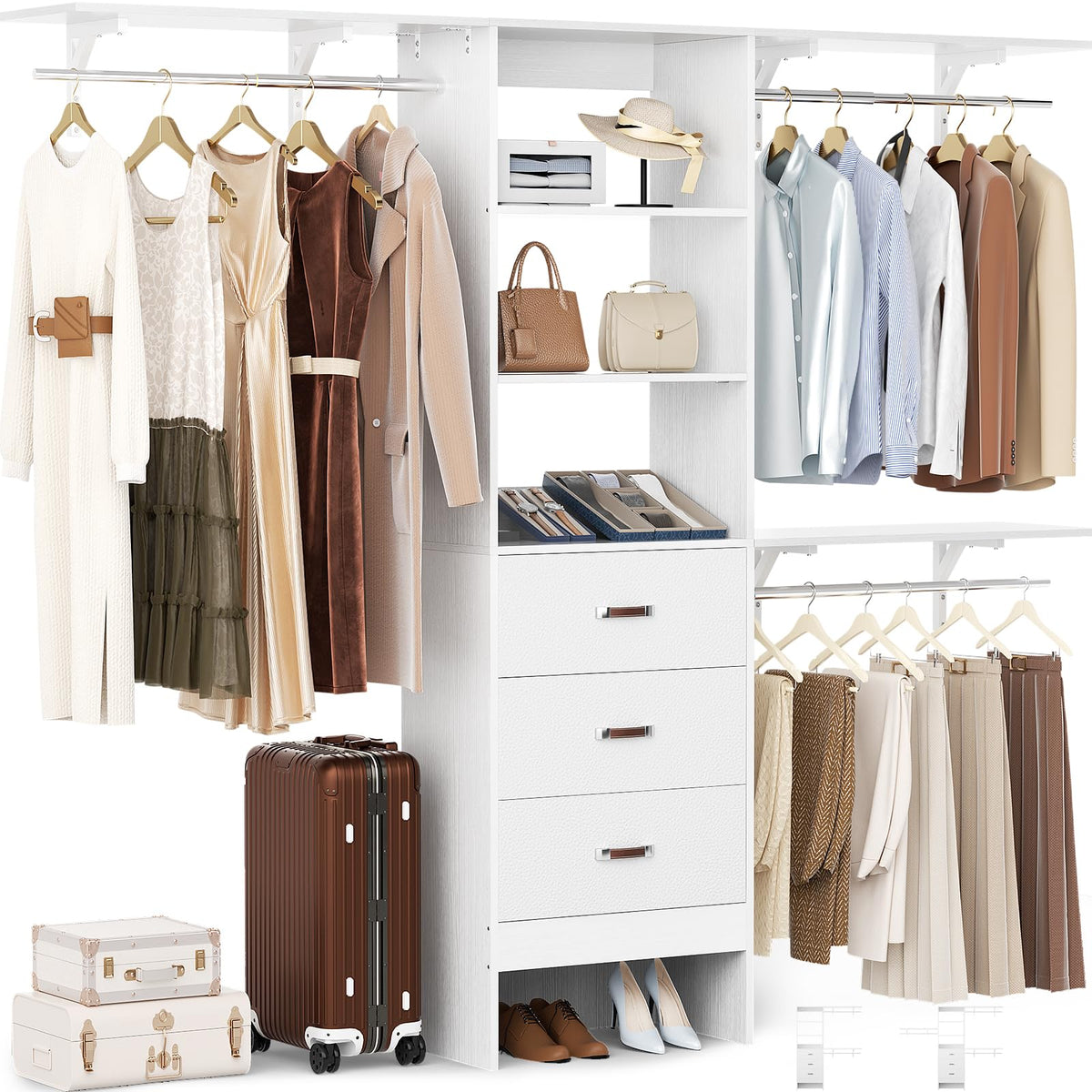 Closet System with Drawer - 8FT Wood Closet Organizer System with 3 Hanging Rods and Shelving Tower, 96" Walk In Closet Organizer Wardrobe, Heavy Duty Garment Rack Clothes Rack
