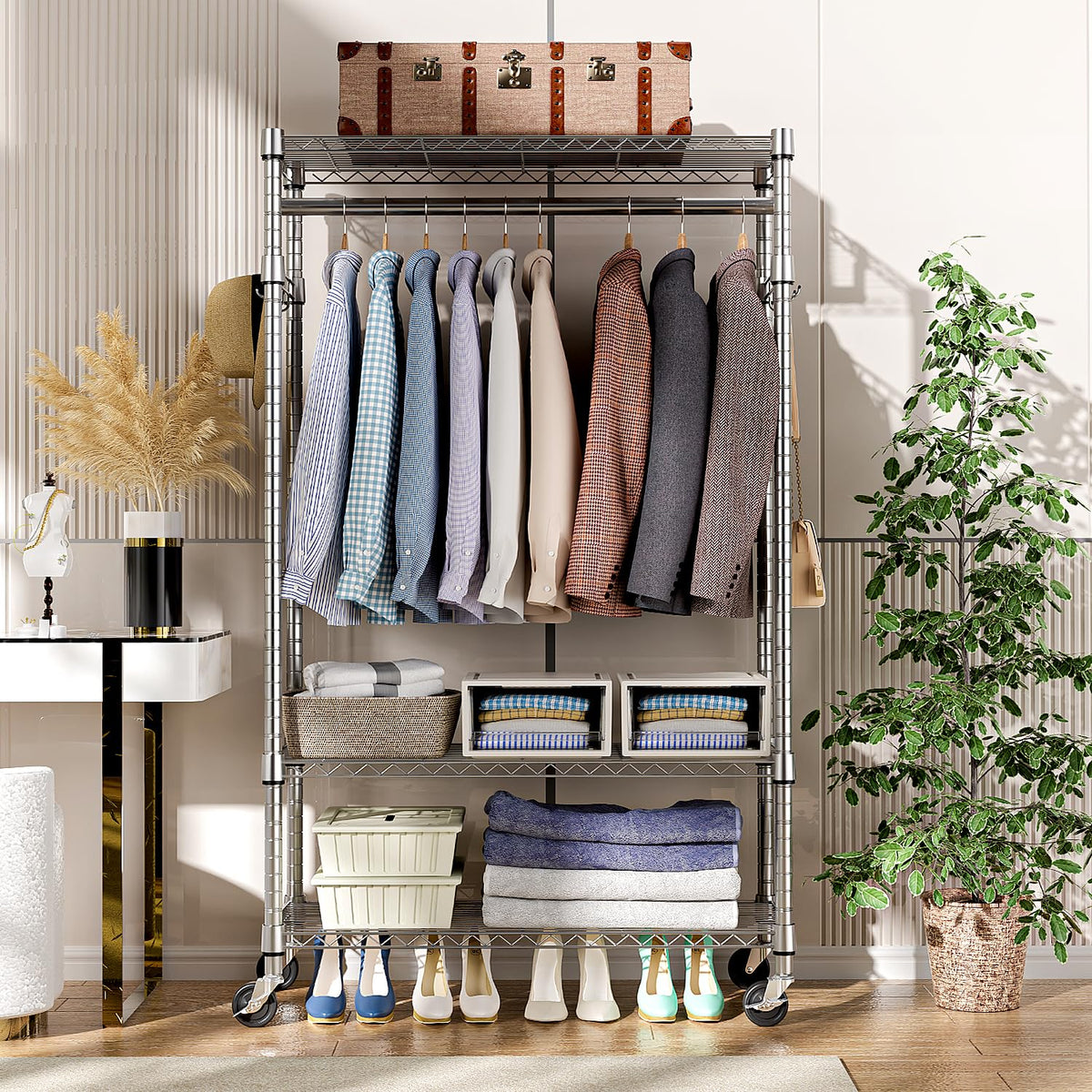 M MZG 3-Tier Rolling Garment Rack with Shelves, 2-Pack